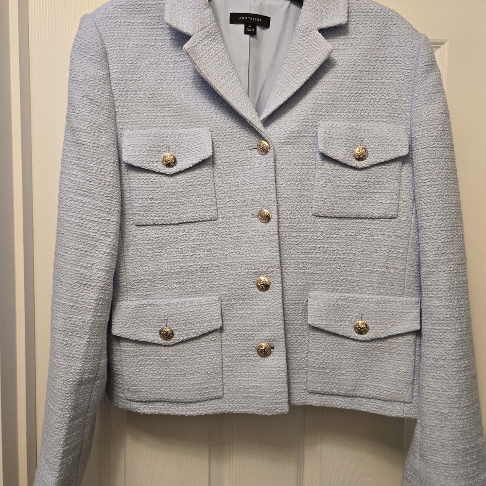 Anne Taylor Light Blue Bouclé Pocket Blazer